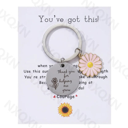 Classic Sunflower Thank you for helping me grow Steel Plate Keychain For Parents Teachers Handmade Jewelry Gift Key Decoration